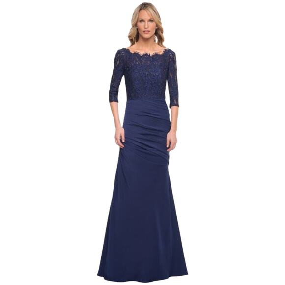 La Femme Gathered Lace Mermaid Gown Navy 24926 Size 6 NWT - Picture 1 of 11